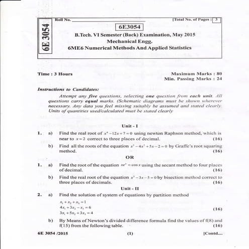 Numerical Methods and Applied Statistics Paper (RTU VI Semester)