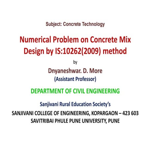 Numerical problem on concrete mix design by is 10262(2009) method
