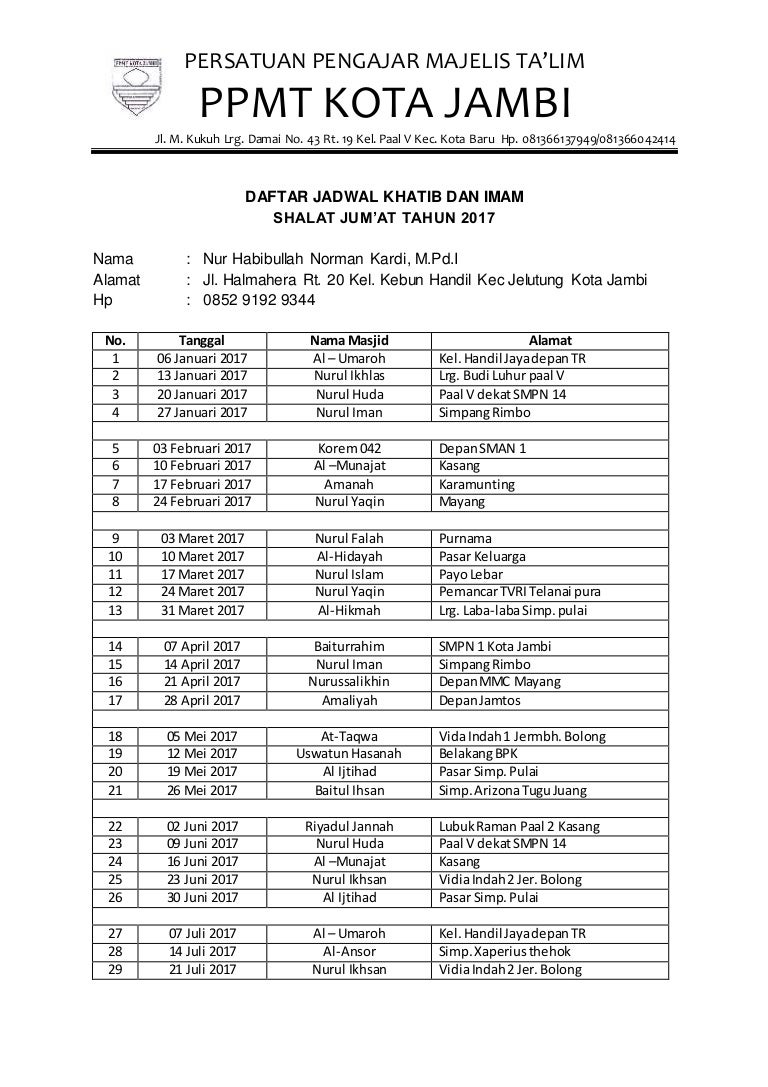 Nur habibullah norman kardi, jadwal khatib jum�at 2017
