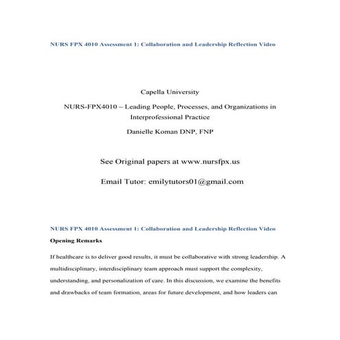 NURS FPX 4010 Assessment 1 Collaboration and Leadership Reflection Video.docx