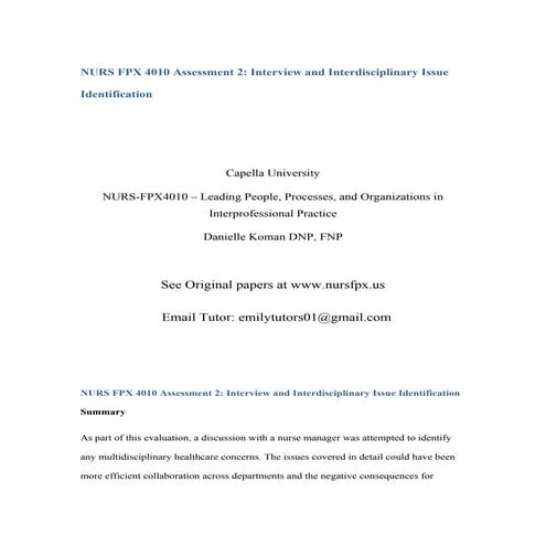 NURS FPX 4010 Assessment 2 Interview and Interdisciplinary Issue Identification.docx