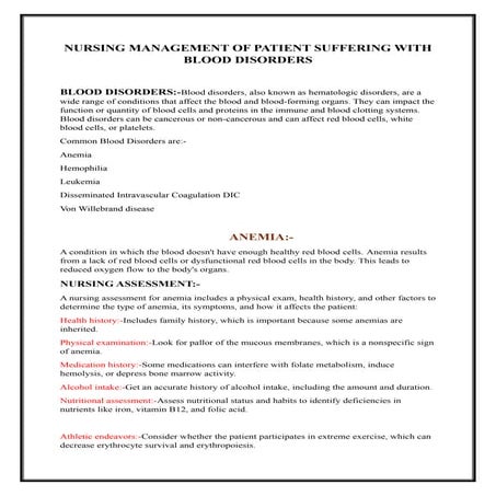 Nursing care plan on Anemia - Assessment, Diagnosis, planning ...
