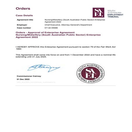 Nursing Midwifery South Australian Public Sector Enterprise Agreement 2022 Op 1.12.22 to 31.7.25.pdf