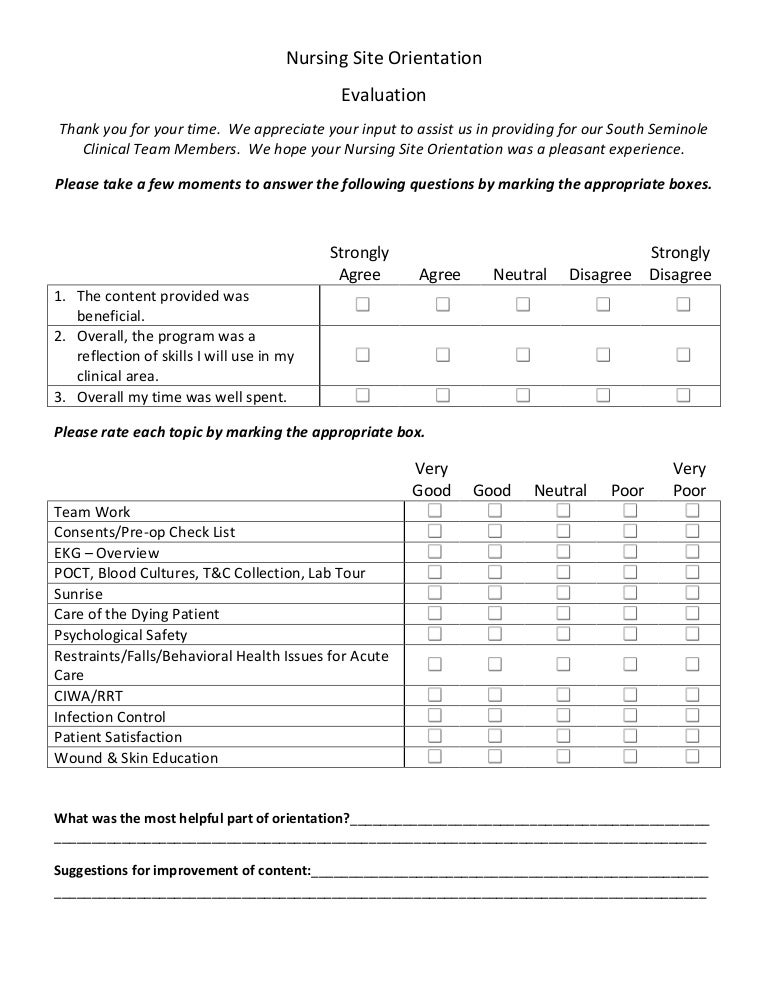 Nursing Site Orientation Evaluation
