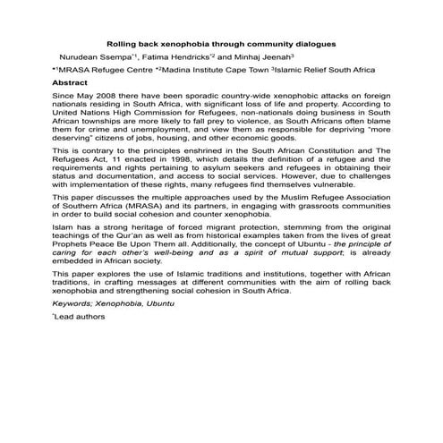 Rolling back Xenophobia through community dialogues abstract - Nurudean Ssempa