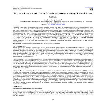 Nutrient loads and heavy metals assessment along sosiani river, kenya.