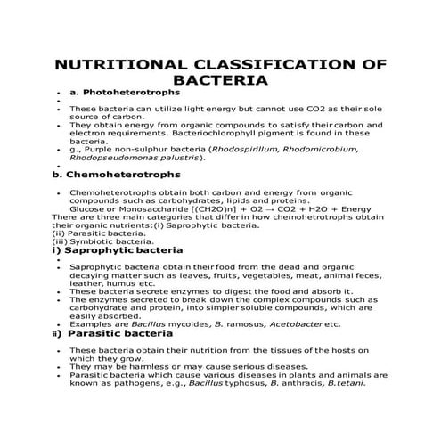 Nutritional classification of bacteria