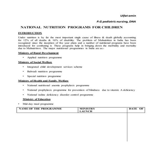 Nutritional programes for children