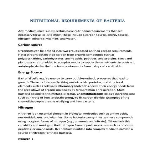 Nutritional requirements of Bacteria (carbon source, energy source, nitrogen,...