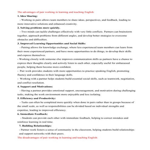 The advantages and disadvantages of group working and pair working