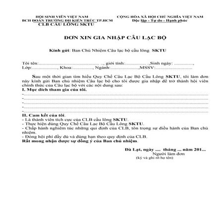 đơN xin gia nhập clb sktu