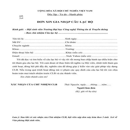 đơN xin vào clb(mẫu chuẩn)