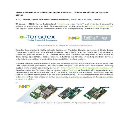 NXP Semiconductors elevates Toradex to Platinum Partner status