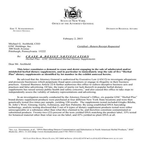 NEW YORK ATTORNEY GENERAL CEASE AND DESIST LETTER HERBAL PRODUCTS