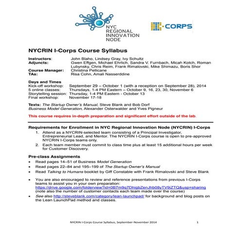 Nycrin I-Corps course syllabus Sept 2014