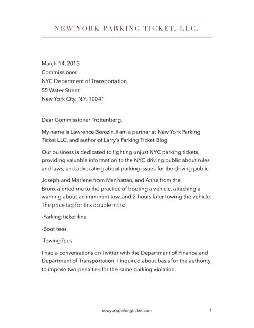 Letter to Commissioner, NYC DOT About Unconscionable Boot and Tow