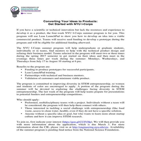 NYU I-Corps Summer 2017
