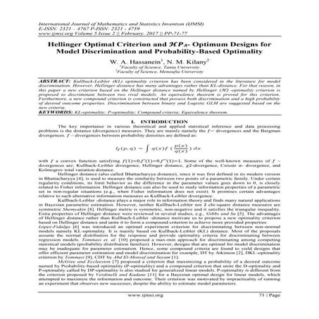 Hellinger Optimal Criterion and 퓗푷푨- Optimum Designs for Model Discrimination...