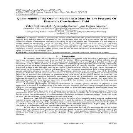 Quantization of the Orbital Motion of a Mass In The Presence Of Einstein’s Gr...