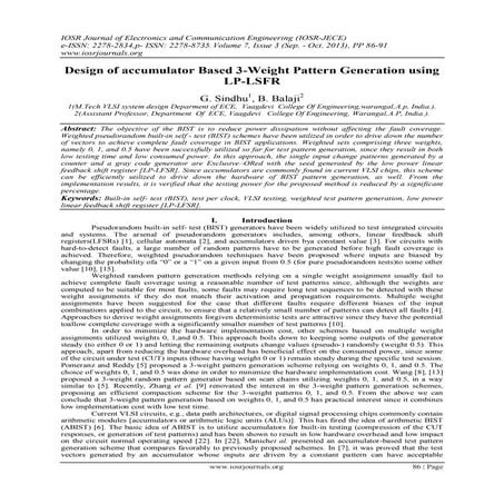 Design of accumulator Based 3-Weight Pattern Generation using LP-LSFR