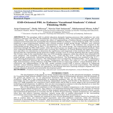 ESD-Oriented PBL to Enhance Vocational Students’ Critical Thinking Skills