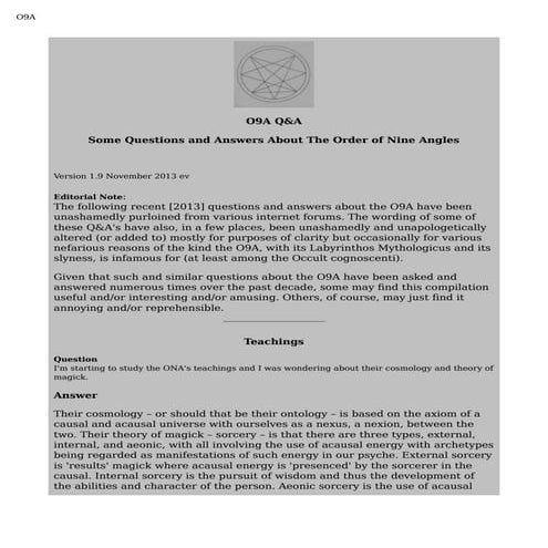 O9a questions-answers-v1-9 Answers and Questions About the Order of Nine Angles