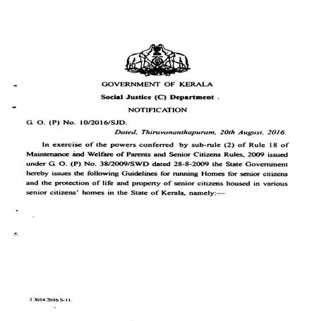 Kerala Government Old Age Homes Guideline 2016 