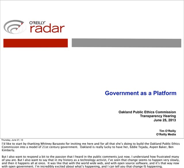 Oakland Public Ethics Commission: Transparency, Open Data, and Gov as Platform