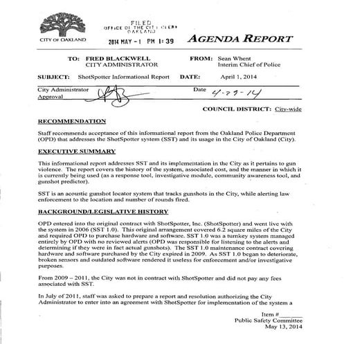 Oakland Report on ShotSpotter: May 13, 2014 Public Safety Committee Meeting 