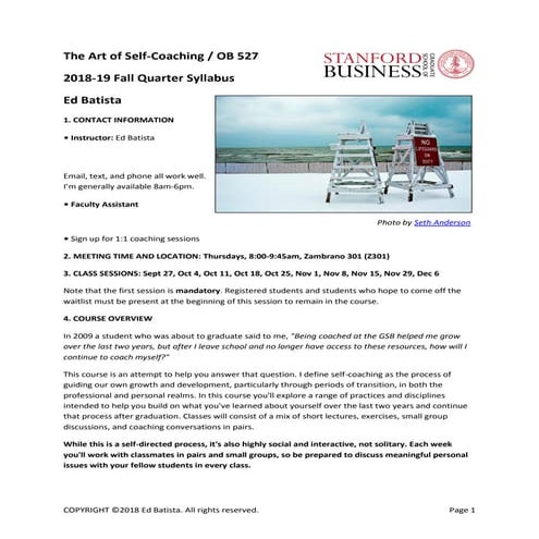 Ed Batista, The Art of Self-Coaching @StanfordGSB, Fall 2018 Syllabus 
