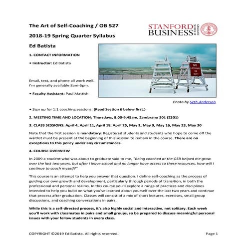 Ed Batista, The Art of Self-Coaching @StanfordGSB, Spring 2019 Syllabus