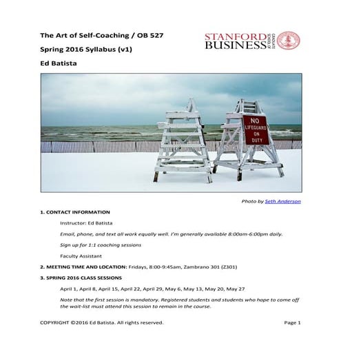 The Art of Self-Coaching @StanfordBiz Spring 2016 Syllabus