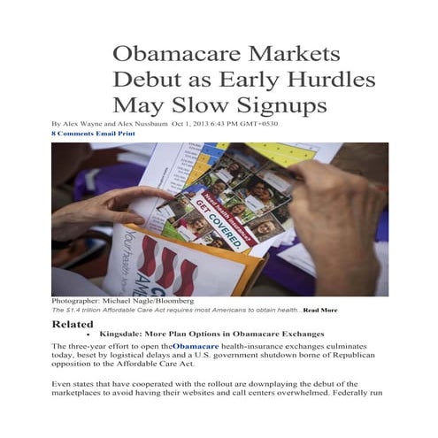 Obamacare markets debut as early hurdles may slow signups hCentive news