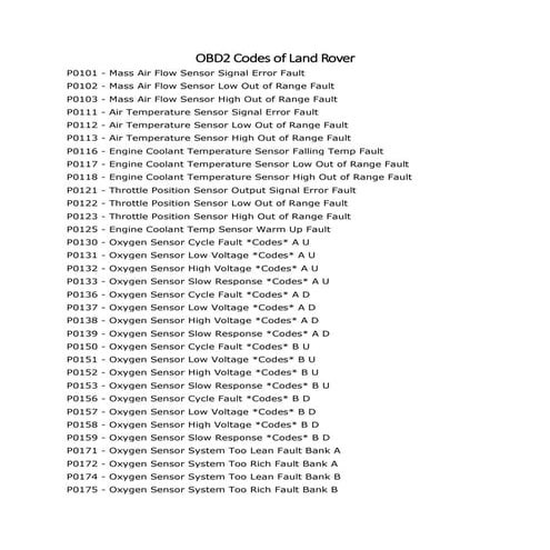 Land Rover OBD2 Codes