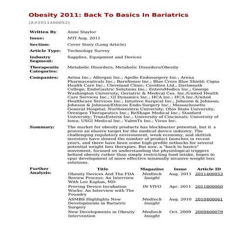 Obesity Back To Basics 2011