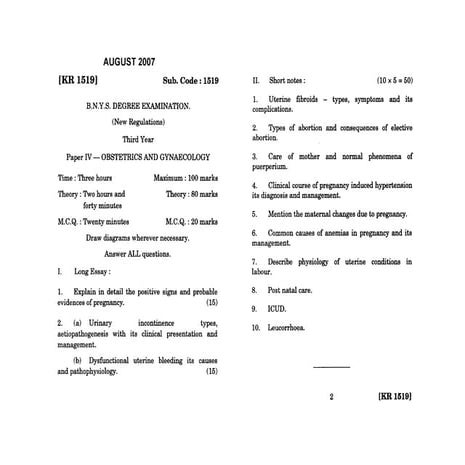 Obg questions paper batchelor of naturopathy | PDF