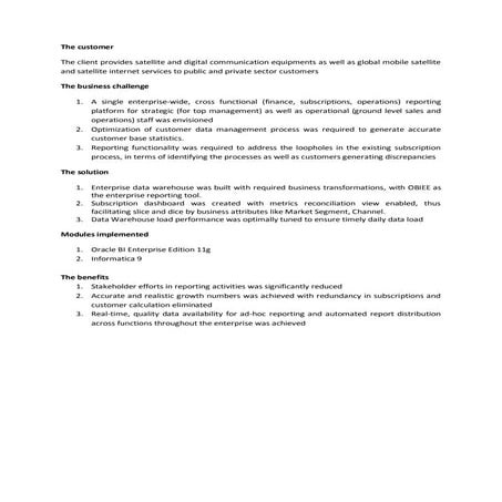 Obiee implementation at satellite and digital communication products