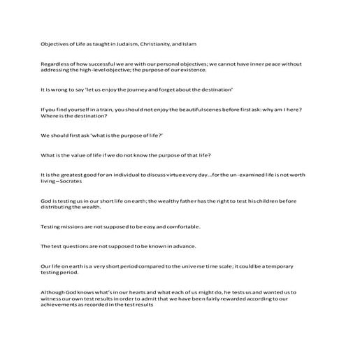 Objectives of life as taught in judaism, christianity, and islam