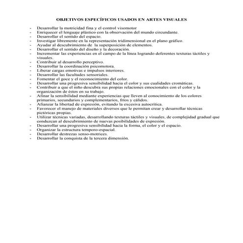 Objetivos especificos usados en artes visuales