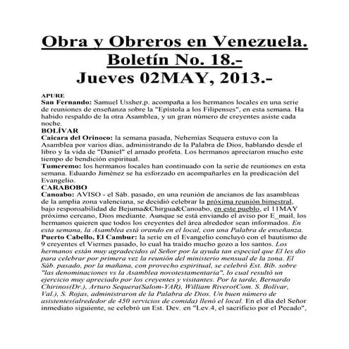OBRA Y OBREROS EN VENEZUELA. BOLENTI No. 18. AÑO 2013
