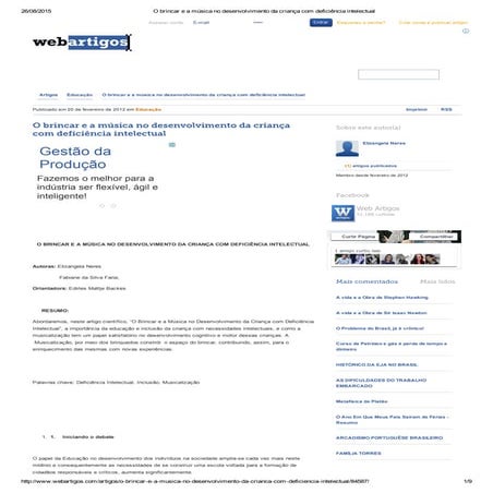 O brincar e a música no desenvolvimento da criança com deficiência intelectual