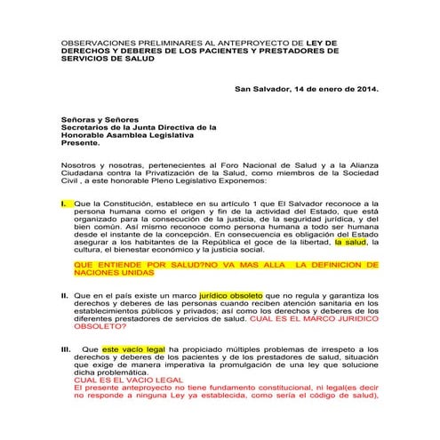Observaciones preliminares al anteproyecto de ley