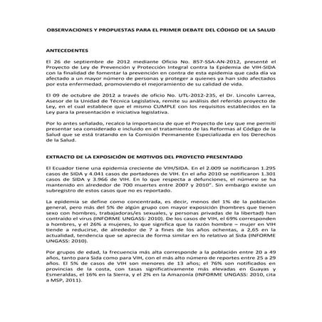 Observaciones reformas al código de la s alud vih