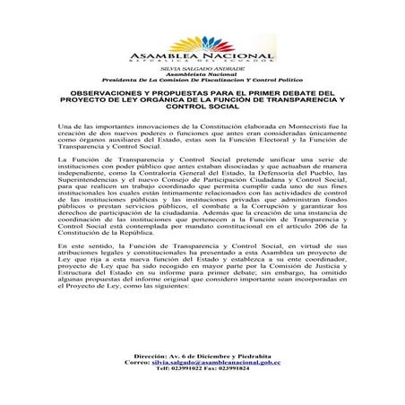 Observaciones y propuestas para el primer debate del proyecto de ley orgánica...