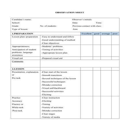Observation sheet for teaching