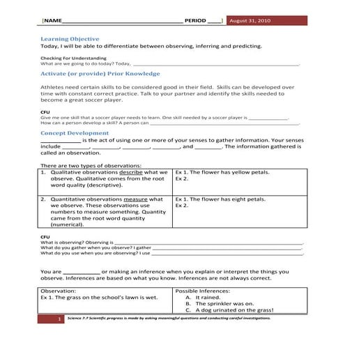 Observation and prediction pretest