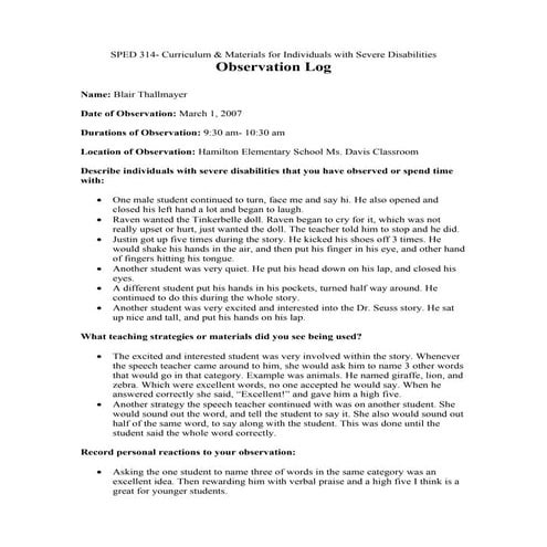 Severe Disabilities Observation Log