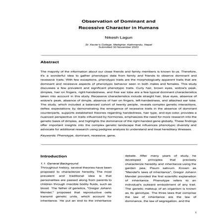 Observation of Dominant and Recessive Character in Humans
