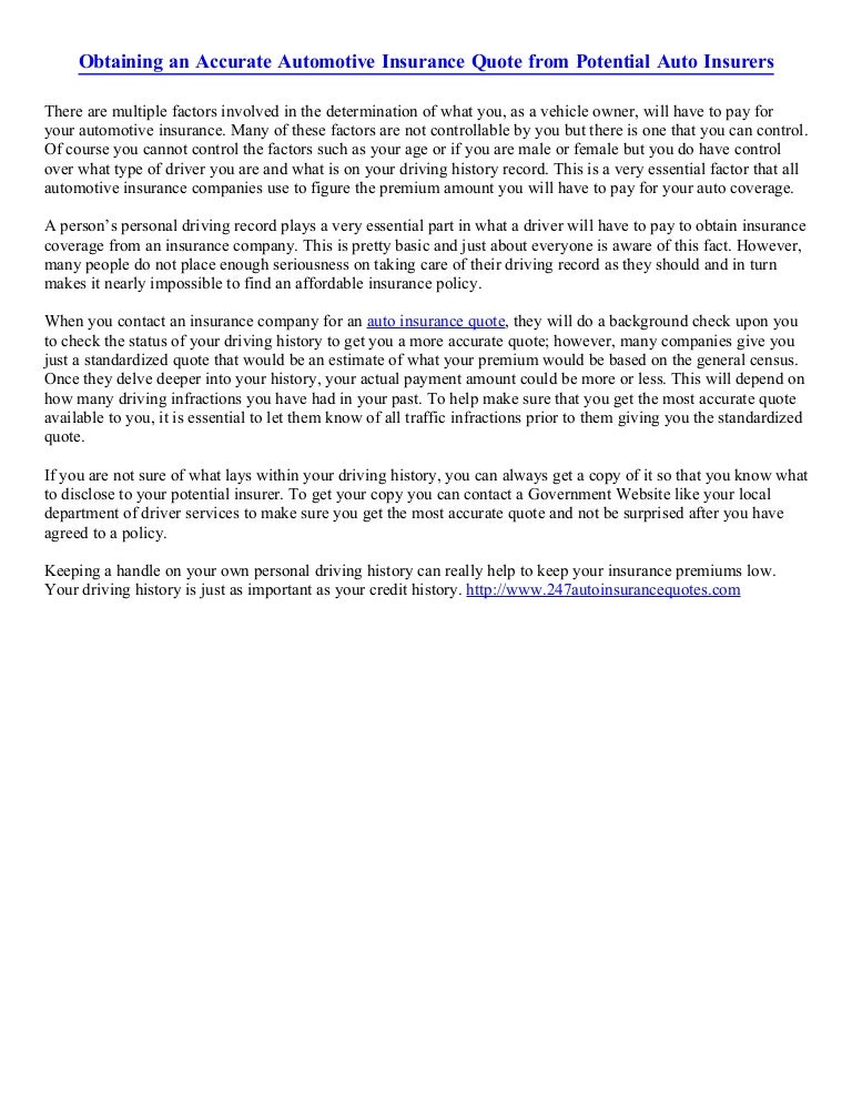 Obtaining An Accurate Automotive Insurance Quote From Potential Auto
