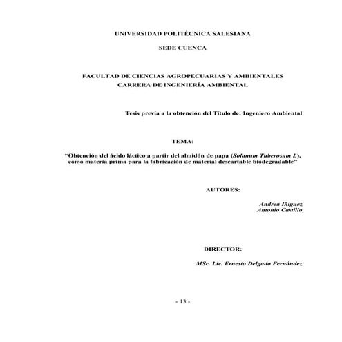 Obtencion del acido lactico a partir del almidon de papa como materia prima p...